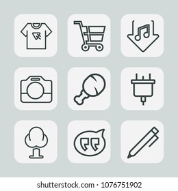 Premium set of outline icons. Such as tshirt, camera, equipment, shirt, speech, handle, film, education, tree, chicken, internet, electricity, bubble, fast, technology, plug, typography, snack, pencil
