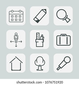 Premium set of outline icons. Such as forest, mic, road, pencil, sound, day, work, timetable, equipment, baggage, environment, audio, place, travel, date, time, luggage, find, bag, airport, calendar