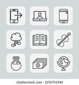 Premium set of outline icons. Such as global, tool, computer, internet, smartphone, planet, screen, cello, network, sound, wireless, medicine, touchscreen, literature, currency, map, globe, equipment
