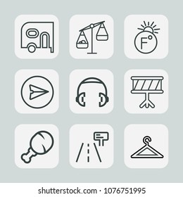 Premium set of outline icons. Such as snack, musical, fahrenheit, road, music, communication, transport, car, transportation, clothing, scale, temperature, measure, sound, fast, balance, meal, food