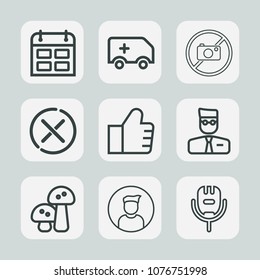 Premium set of outline icons. Such as time, day, food, camera, internet, mushroom, no, accident, cancel, ambulance, user, find, search, concept, forbidden, timetable, date, nature, emergency, business