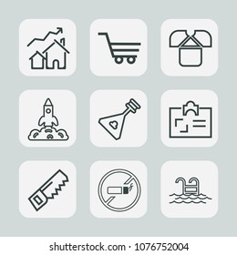 Premium set of outline icons. Such as fashion, card, white, market, estate, musical, saw, addiction, tobacco, music, store, science, summer, instrument, hammer, cart, sign, house, refreshment, folk