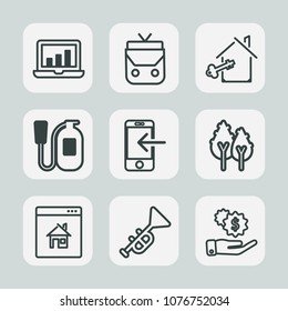 Premium set of outline icons. Such as house, money, key, environment, travel, screen, bag, equipment, bugle, trumpet, nature, graphic, real, emergency, computer, leather, laptop, technology, fire, bar