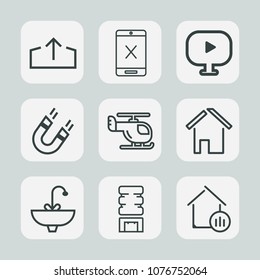 Premium set of outline icons. Such as sink, magnetic, field, connection, television, transportation, wire, white, tv, container, media, play, water, stop, web, architecture, sky, cancel, sign, upload