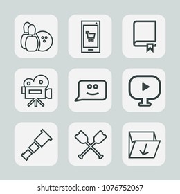 Premium set of outline icons. Such as book, canoe, oar, smile, garbage, mobile, box, rubbish, phone, competition, smart, movie, astronomy, encyclopedia, retro, ball, app, waste, trash, education, face