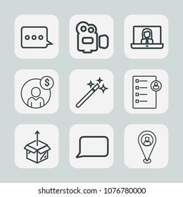 Premium set of outline icons. Such as human, internet, woman, travel, box, speech, video, talk, business, professional, online, film, camera, job, message, wand, bubble, finance, unpacking, package