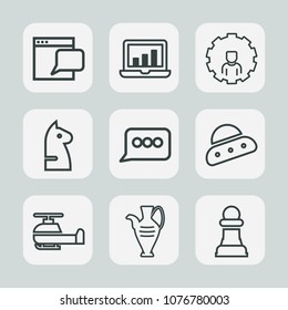 Premium set of outline icons. Such as transport, message, bar, web, application, screen, ufo, decoration, communication, air, helicopter, strategy, chart, internet, aviation, graphic, website, laptop