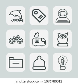 Premium set of outline icons. Such as head, concept, bike, transportation, wheel, owl, retail, ocean, cap, sale, folder, dolphin, cosmonaut, space, creative, storage, wild, astronaut, business, van