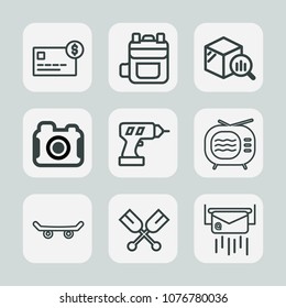 Premium set of outline icons. Such as finance, boat, skater, trend, business, extreme, card, photo, video, balance, television, letter, account, tv, payment, message, machine, backpack, technology
