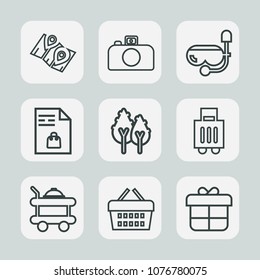 Premium set of outline icons. Such as notebook, supermarket, luggage, navigation, gift, bag, pin, photography, location, tree, forest, service, sale, present, basket, water, hotel, list, road, shop