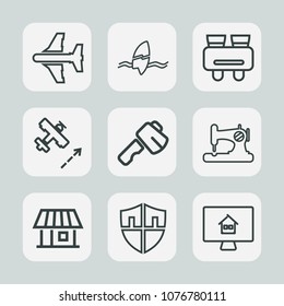 Premium set of outline icons. Such as aircraft, wave, travel, estate, spy, protection, house, transport, air, machine, fly, building, security, home, surf, hammer, shield, surfboard, glasses, summer