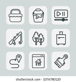 Premium set of outline icons. Such as meal, clean, outdoor, route, player, property, container, house, map, sport, lunch, road, white, fish, grass, bucket, estate, equipment, fishing, paintbrush, rod