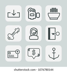 Premium set of outline icons. Such as door, old, key, currency, office, center, website, frame, cash, food, exit, call, dinner, finance, film, professional, wheel, media, headset, rudder, button, hot