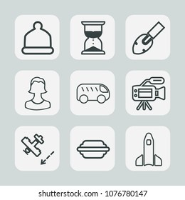 Premium set of outline icons. Such as left, equipment, hat, lens, white, bus, construction, flight, space, minute, highway, airplane, launch, hourglass, food, science, fashion, camera, direction, move