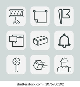 Premium set of outline icons. Such as musical, blank, engineer, cooler, notification, ventilator, flag, america, brick, transportation, violin, chat, alarm, stick, package, electric, sound, shipment