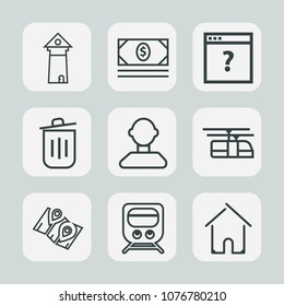 Premium set of outline icons. Such as concept, landmark, male, pin, finance, france, banking, can, profile, railway, recycling, tourism, building, transportation, bin, road, money, tower, train, map