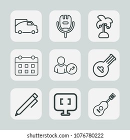 Premium set of outline icons. Such as music, web, leaf, pen, right, pc, van, timetable, laptop, tree, instrument, summer, palm, car, concert, singer, road, computer, write, transportation, song, day