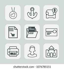 Premium set of outline icons. Such as fashion, nautical, file, market, necklace, ring, anchor, folder, cassette, love, architecture, vessel, tower, printer, sea, supermarket, business, profile, ship