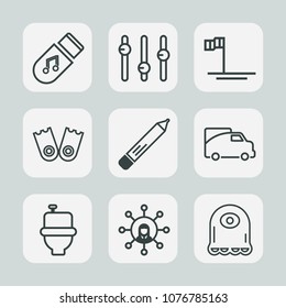 Premium set of outline icons. Such as character, graphic, view, data, screen, ocean, cortes, van, alien, pen, storage, technology, beach, sign, sport, pencil, cartoon, sea, monster, music, flipper, wc