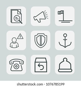 Premium set of outline icons. Such as hat, shield, protection, security, network, helm, return, zoom, ocean, beach, tool, magnify, head, music, cap, protect, wheel, sign, home, technology, ship, glass