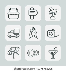 Premium set of outline icons. Such as sign, summer, glass, spaceship, drink, truck, medical, nature, meal, lorry, healthcare, spacecraft, nurse, technology, grass, picnic, cocktail, direction, street