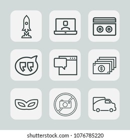 Premium set of outline icons. Such as masquerade, retro, cash, old, chat, craft, science, tape, forbidden, spaceship, ship, space, money, online, satellite, sign, transport, music, young, carnival