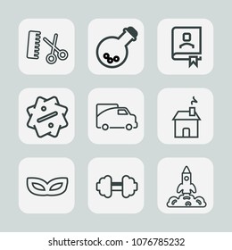 Premium set of outline icons. Such as masquerade, equipment, vehicle, sign, celebration, science, building, technology, scissors, address, comb, launch, home, label, medicine, hairstyle, office, hair