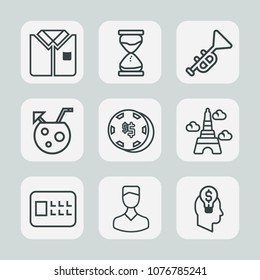 Premium set of outline icons. Such as business, juice, eiffel, cotton, glass, safe, clock, template, france, clothing, tower, tshirt, sand, bugle, hour, bank, luck, trumpet, cocktail, avatar, security