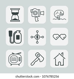 Premium set of outline icons. Such as television, flow, estate, sunglasses, investment, food, handle, hourglass, danger, white, equipment, money, time, tool, technology, film, fire, fish, glasses, sun