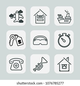 Premium Set Of Outline Icons. Such As Airplane, Musical, Transport, Sign, War, Ship, Telephone, Sea, Shop, Aircraft, Market, Food, Clock, Marine, Aviation, Bugle, Timer, Time, Glasses, Building, Store