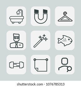 Premium set of outline icons. Such as south, sport, stick, style, hanger, office, seafood, white, clothes, magician, sea, fitness, bathroom, interior, modern, fashion, shop, workout, magnetic, message