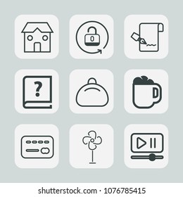 Premium set of outline icons. Such as credit, sign, open, button, paper, style, document, air, safe, bag, player, architecture, old, safety, unlock, fashion, industry, cup, drink, equipment, lock, pen