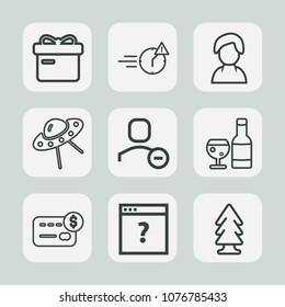 Premium set of outline icons. Such as spaceship, alcohol, internet, space, nature, account, money, user, landscape, time, office, business, celebration, technology, card, deadline, forest, bow, credit