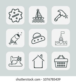 Premium set of outline icons. Such as sign, house, offer, ufo, spaceship, craft, ship, travel, sew, star, tag, yacht, shop, architecture, discount, shovel, construction, home, medieval, boat, vessel