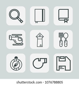 Premium set of outline icons. Such as library, spoon, direction, compass, background, page, fork, glass, textbook, sky, south, whistle, restaurant, transport, air, search, famous, computer, book, east