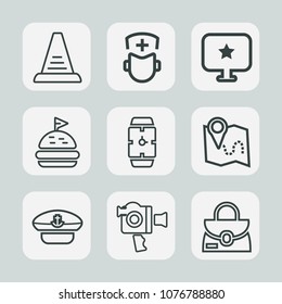Premium set of outline icons. Such as travel, hat, climb, bread, navy, clock, medicine, fashion, location, video, watch, ladder, star, equipment, doctor, sailor, minute, bag, computer, film, style, up