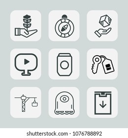 Premium set of outline icons. Such as video, saw, nautical, compass, door, seedling, tree, hammer, sign, life, security, plant, south, key, agriculture, gardening, cartoon, media, character, delivery