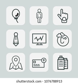 Premium set of outline icons. Such as estate, celebrate, business, celebration, people, man, holiday, cash, birthday, sign, house, fashion, suit, balloon, casual, money, gesture, tie, temperature, map