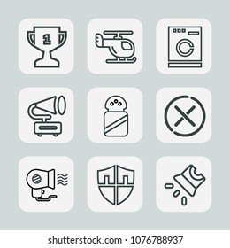 Premium set of outline icons. Such as achievement, stop, fly, gramophone, retro, sky, food, winner, machine, female, salt, electric, laundry, transportation, record, transport, first, white, win, air