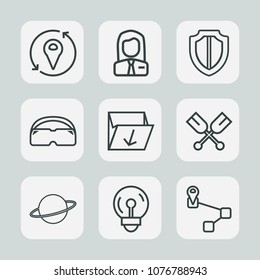 Premium set of outline icons. Such as astronomy, job, safety, point, light, energy, security, summer, map, office, electricity, people, box, employee, work, space, shield, waste, recruitment, guard