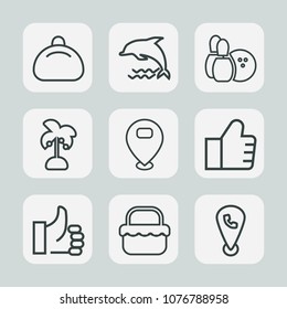 Premium set of outline icons. Such as white, concept, marine, leaf, search, palm, up, summer, travel, blue, dolphin, food, tropical, sign, ball, accessory, jump, background, modern, map, game, water