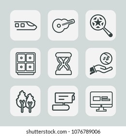 Premium set of outline icons. Such as train, clock, travel, find, rock, tree, nature, sand, sound, video, bank, time, musical, transportation, locomotive, safe, investment, white, timer, track, guitar