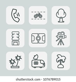Premium set of outline icons. Such as tripod, cold, bicycle, sport, pitch, travel, nature, white, cycle, smartphone, satellite, forest, phone, television, environment, football, soccer, cooler, cell