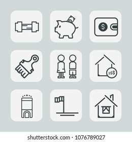 Premium set of outline icons. Such as payment, pig, fit, travel, piggy, building, room, pay, coin, baja, physical, dollar, luxury, exercise, estate, mexico, cash, ocean, property, investment, banking