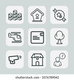 Premium set of outline icons. Such as landscape, storage, goods, transport, clock, spring, business, time, air, architecture, decorative, forest, bird, tree, building, birdhouse, money, gun, purse