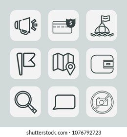 Premium set of outline icons. Such as circle, flag, help, talk, forbidden, equipment, voice, life, speech, water, business, pin, loud, money, wallet, sign, speaker, usa, float, bank, loudspeaker, cash