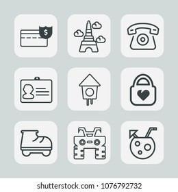 Premium set of outline icons. Such as white, coin, style, fun, identification, eiffel, wooden, roller, wealth, document, technology, name, bird, dirt, banking, landmark, mobile, summer, telephone, bag