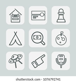 Premium set of outline icons. Such as moon, spaceship, horse, planet, ufo, concept, astronaut, adventure, song, space, direction, find, chessboard, cassette, supermarket, camp, customer, food, woman