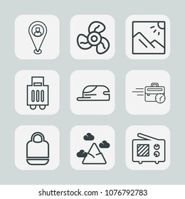 Premium set of outline icons. Such as late, fan, office, electric, communication, hat, leather, business, cap, cooling, navigation, radio, baggage, wireless, airport, sky, tourism, air, signal, cooler