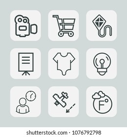 Premium set of outline icons. Such as video, cute, handle, electricity, hour, film, travel, retail, electric, scale, equipment, businessman, movie, presentation, bulb, thermometer, energy, store, work